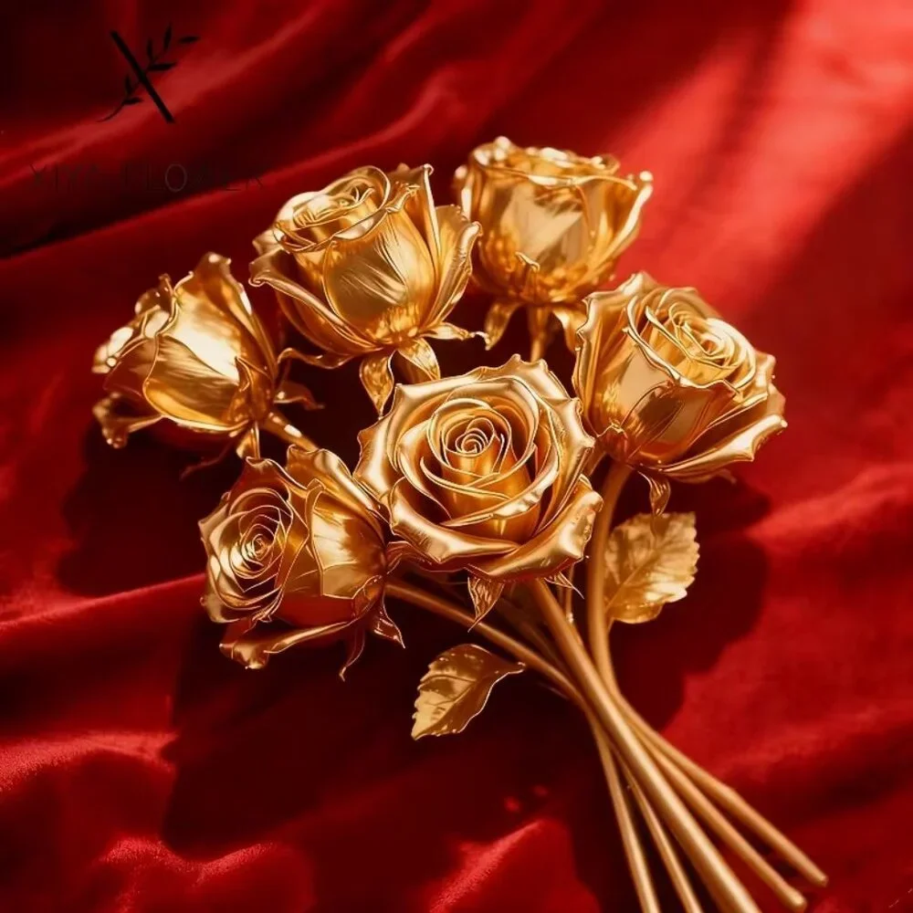 6 Artificial Golden Roses, Realistic Faux Floral Arrangement - NEW 10 L x 3.3 W